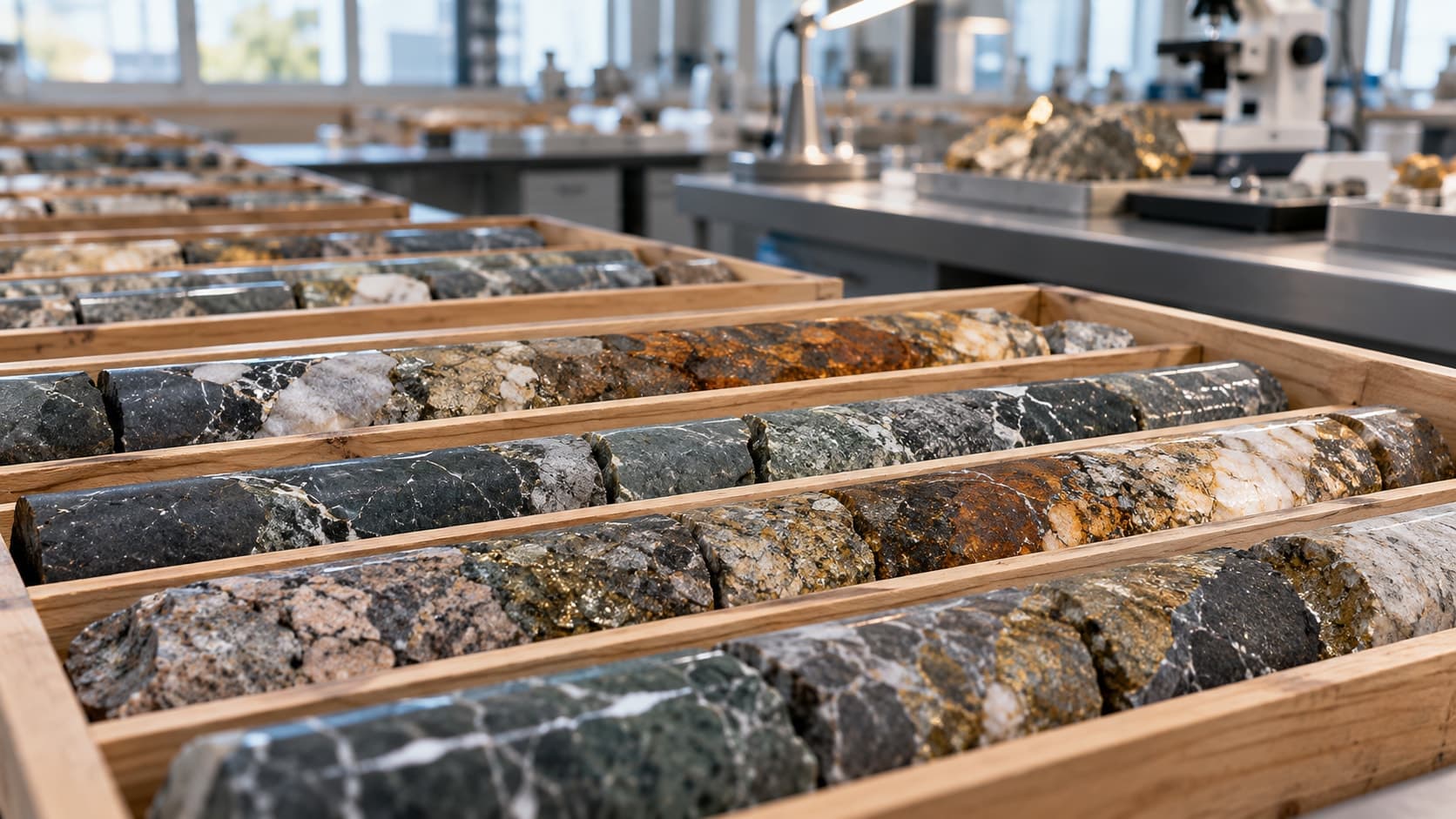 Illustrative mineral core samples in a testing workshop