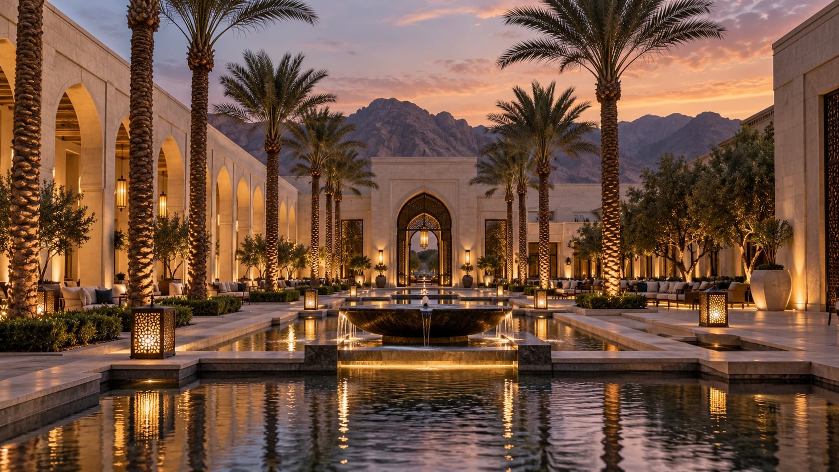 Conceptual desert hotel courtyard with palms and reflecting pool