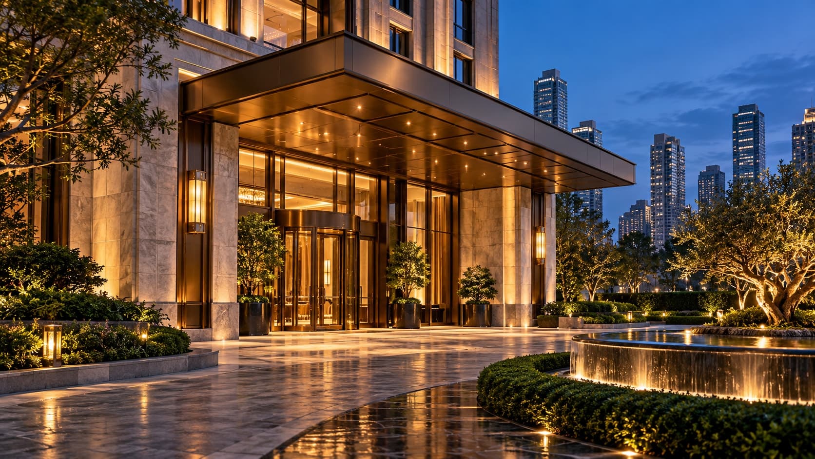 Conceptual luxury hotel entrance at blue hour