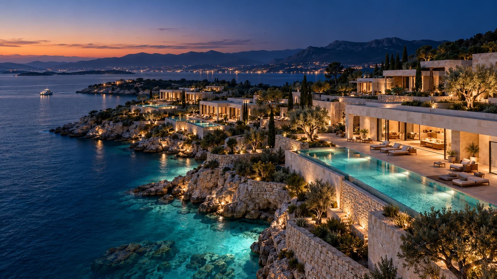 Conceptual waterfront resort development at dusk