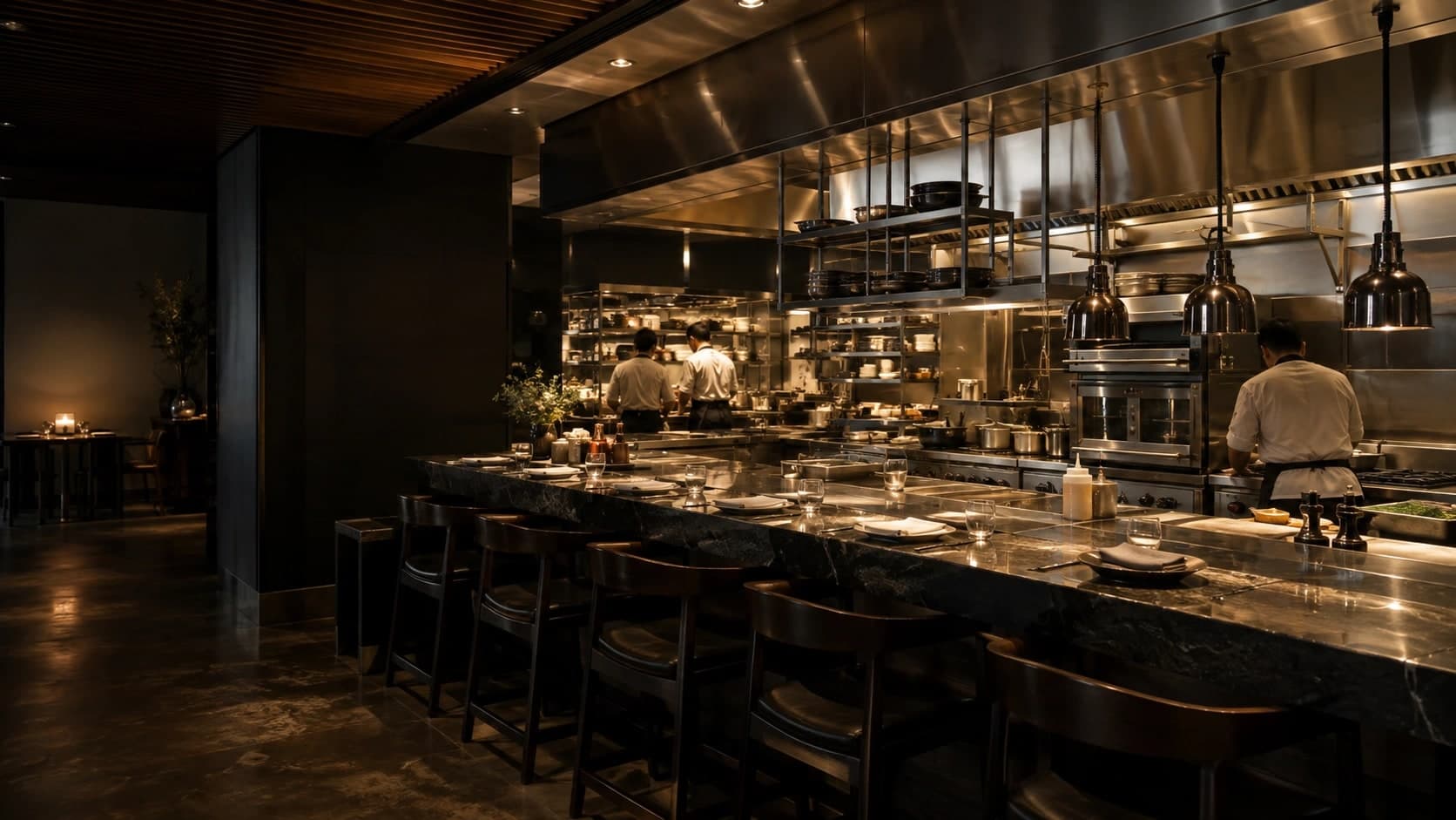 Illustrative restaurant kitchen and chef’s counter