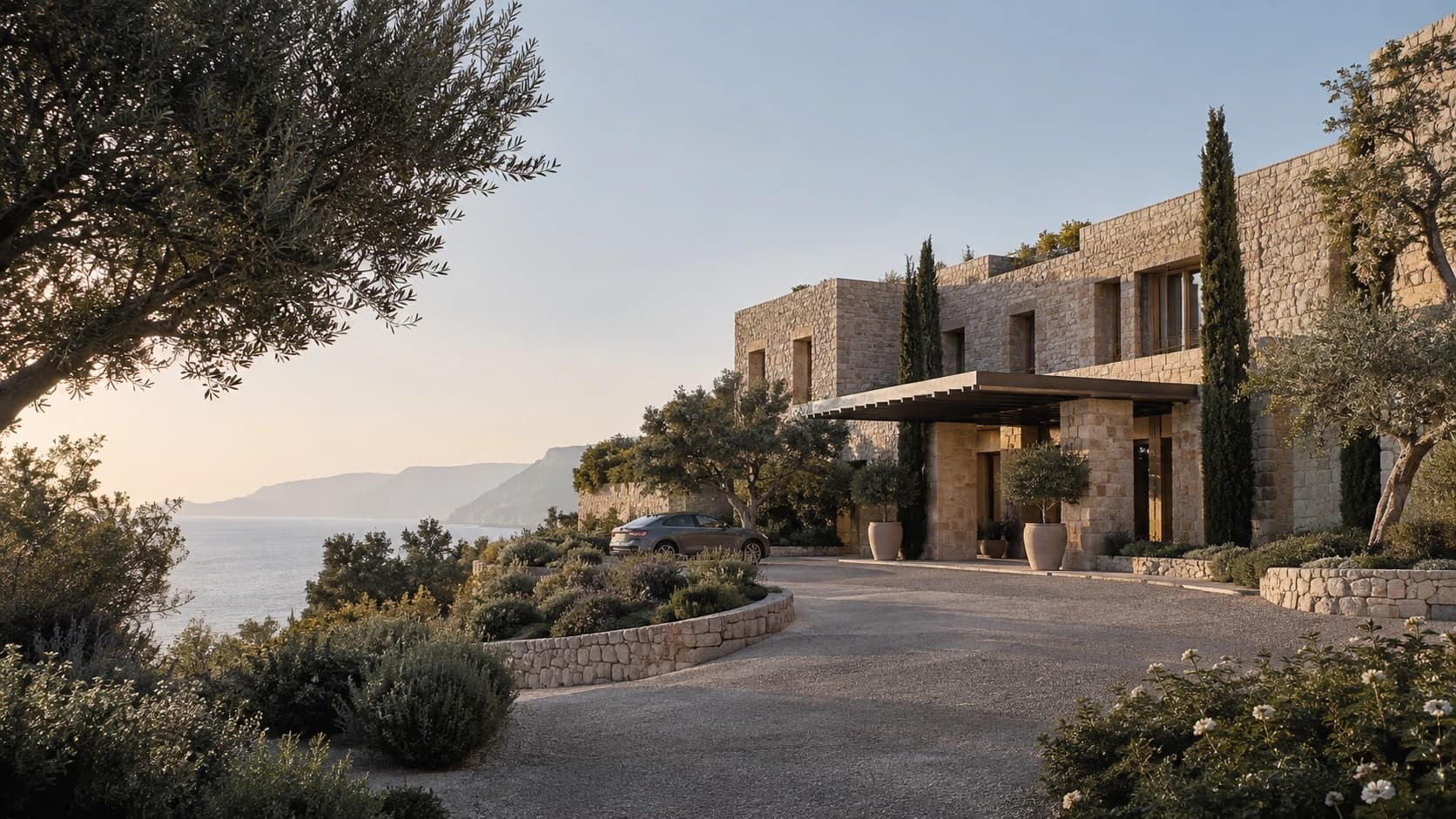 Illustrative coastal limestone hotel and landscaped entrance