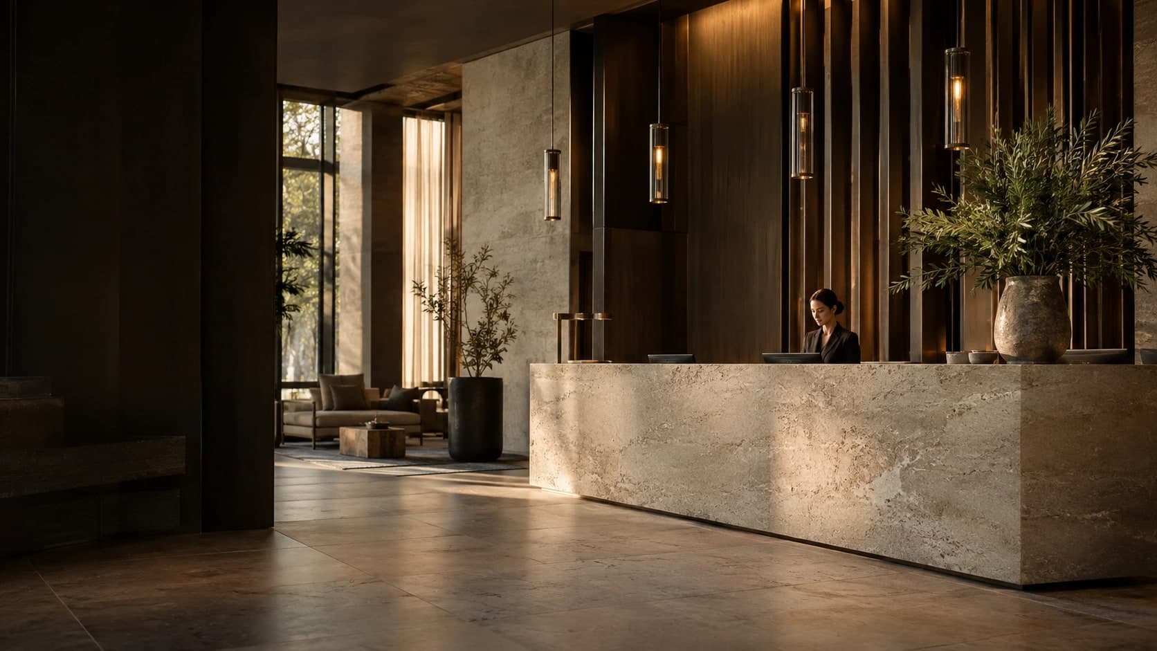 Illustrative hotel reception with natural stone and timber finishes
