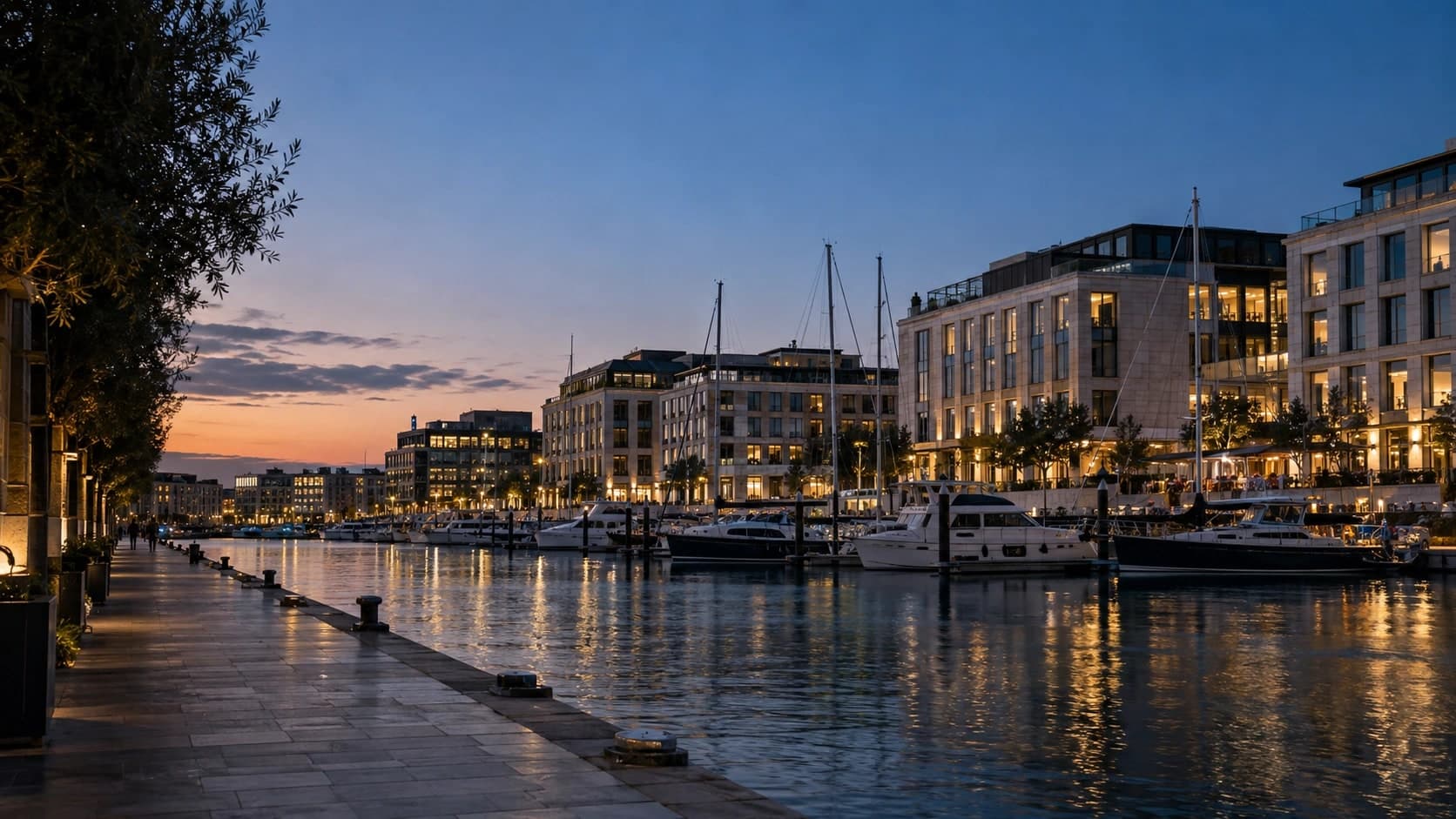 Illustrative waterfront business district and marina at dusk