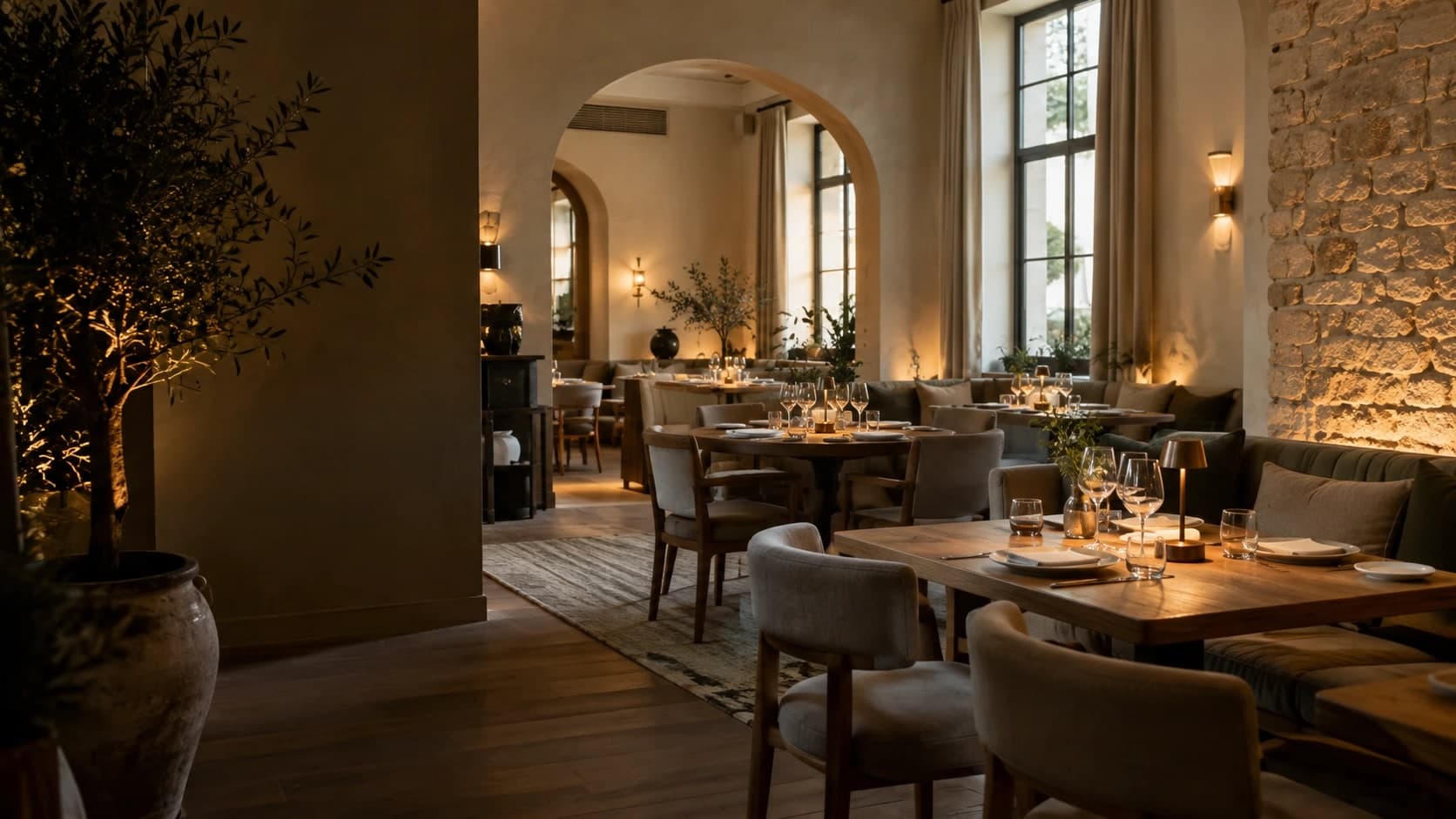 Illustrative contemporary restaurant dining room