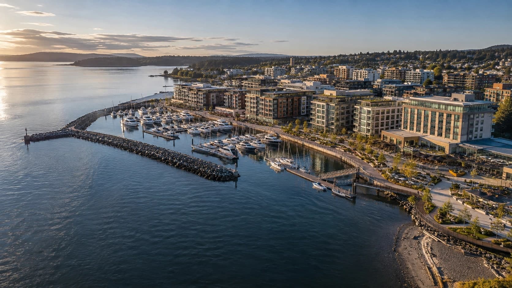 Illustrative waterfront district with residential and hospitality buildings